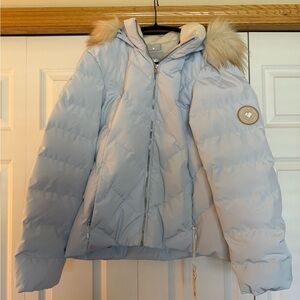 Blue Ice Obermeyer Bombshell Puffer Jacket with Faux Fur Hood. New with tags.